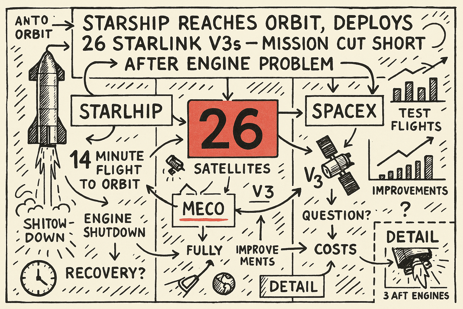 Starship Reaches Orbit, Deploys 26 Starlink V3s — Mission Cut Short After Engine Problem