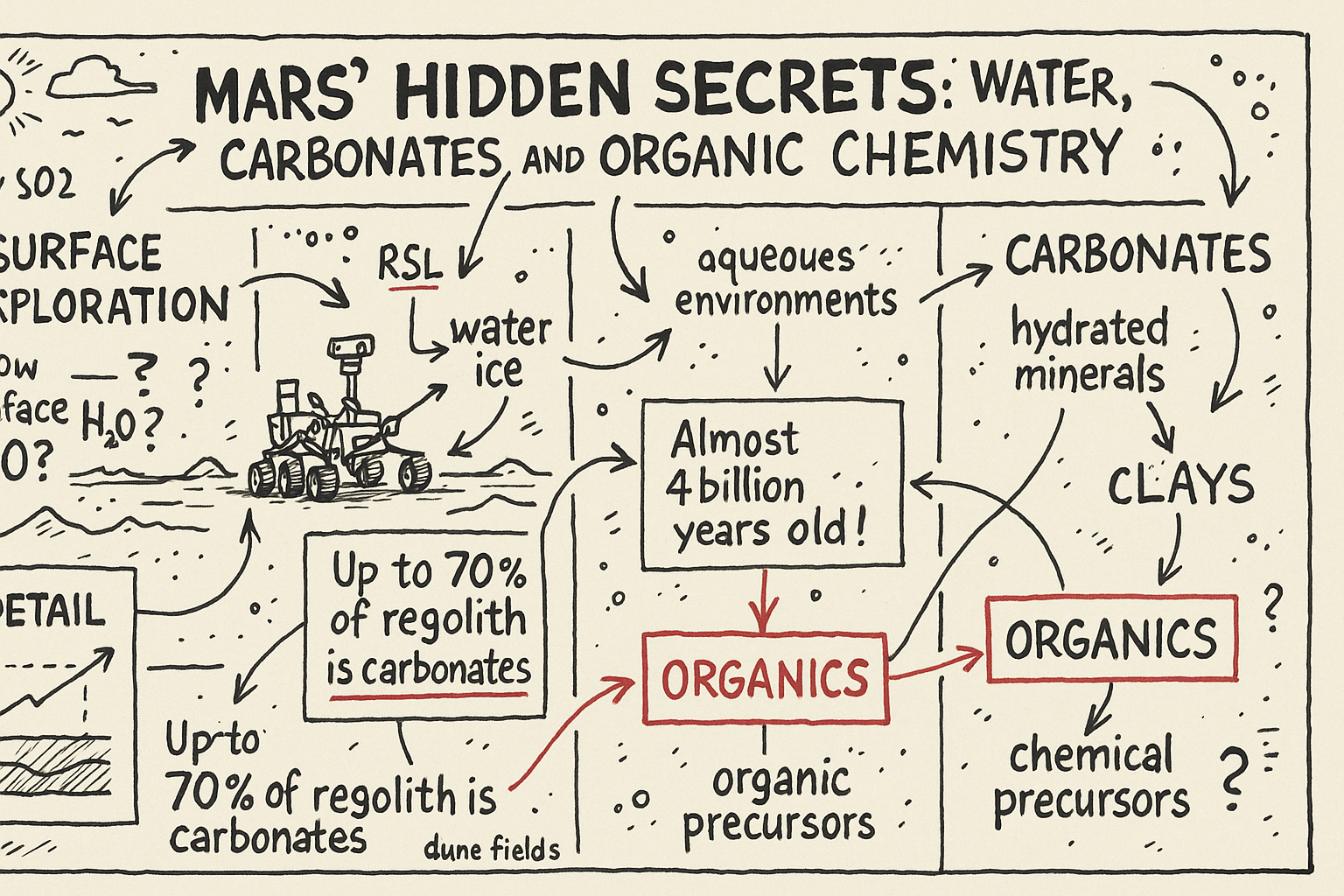 Mars' Hidden Secrets: Water, Carbonates, and Organic Chemistry